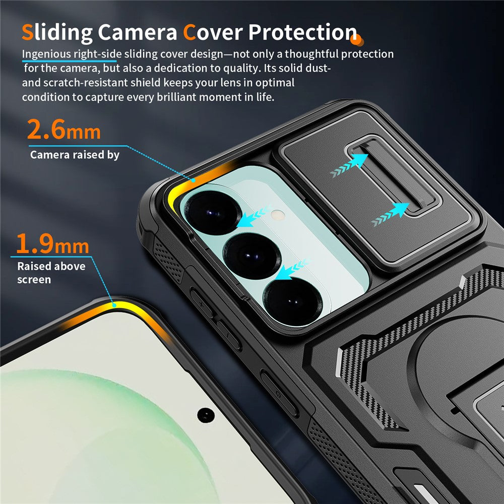 Samsung Galaxy S26 FE / S25 FE Skal Slide Lens Shield PC + TPU Stativ Mobilskal