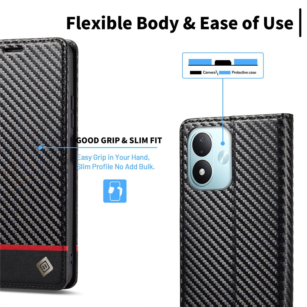 LC.IMEEKE Plånboksfodral för Xiaomi Redmi Note 17 4G (Global) / Note 17 5G (Global) / Note 17 (Indien/Kina) 5G, mobilskal i läder med kolfiberstruktur