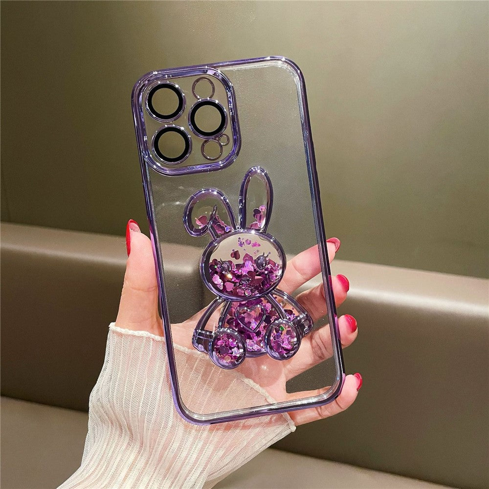 Til iPhone 12 Pro 6,1 tommer Quicksand Rabbit Decor Beskyttelsescover til telefon Galvaniseret TPU Bagcover med hærdet glaslinsebeskyttelsesfilm