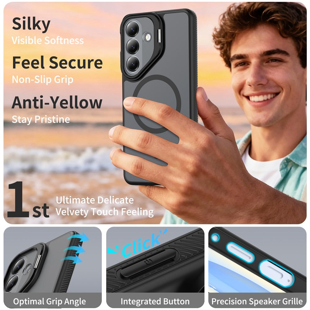 Magnetisk etui til Samsung Galaxy S26+ / S25+ / S24+ med kamerlinseramme og stativ, mobilcover i PC + TPU