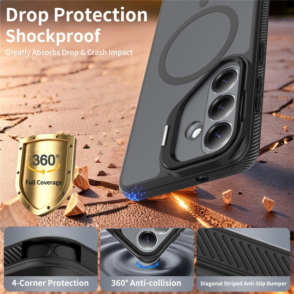 For Samsung Galaxy S26 FE / S25 FE Magnetic Case Camera Lens Frame Kickstand PC + TPU Phone Cover