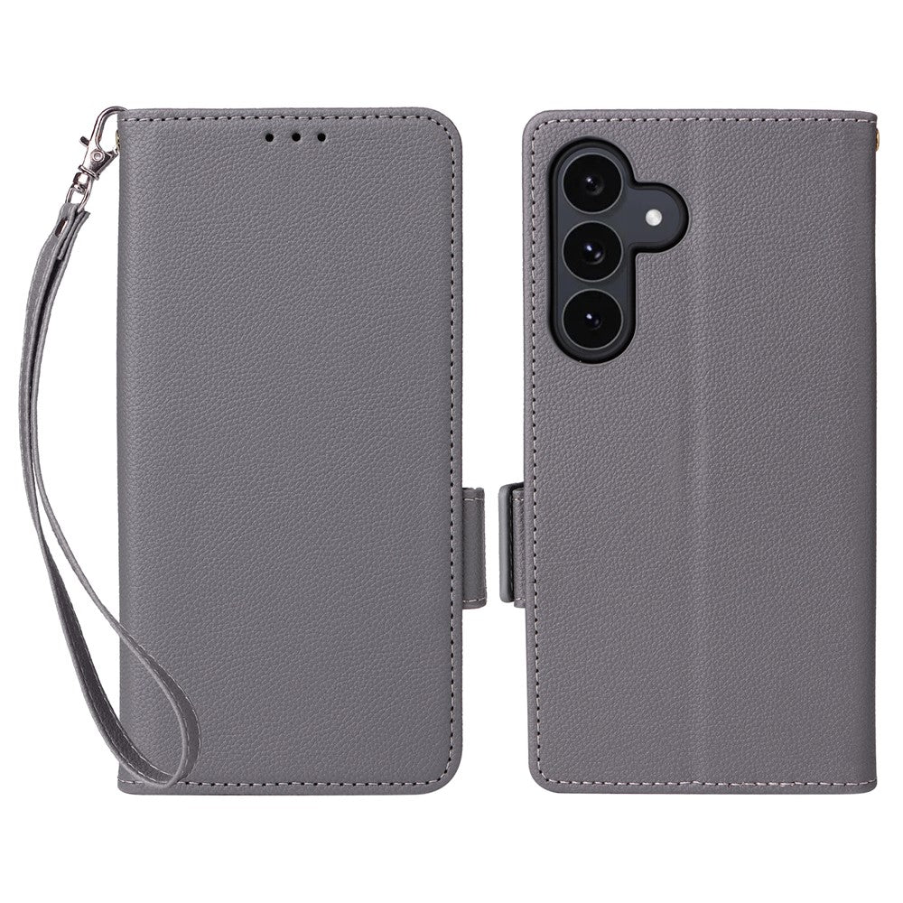 Samsung Galaxy S26 FE / S25 FE-skal i litchitexturerat läderfodral med handledsrem
