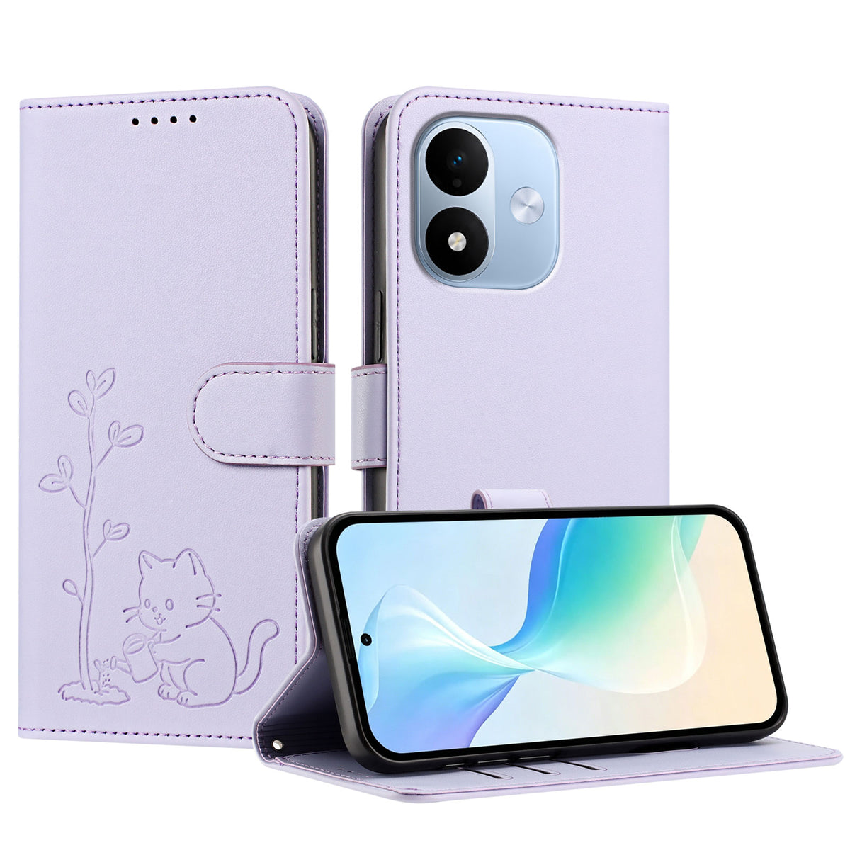 Xiaomi Redmi Note 17 5G (Global) / Xiaomi Redmi Note 17 (Indien/Kina) 5G / Xiaomi Redmi Note 17 4G (Global) skal katt vattnande växtmönster PU-läder plånboksfodral