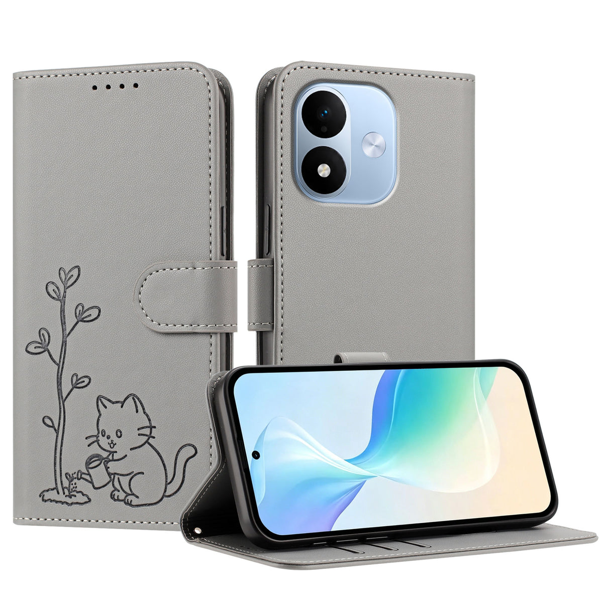 For Xiaomi Redmi Note 17 5G (Global) / Xiaomi Redmi Note 17 (India/China) 5G / Xiaomi Redmi Note 17 4G (Global) Case Cat Watering Plant Pattern PU Leather Wallet Stand Phone Cover