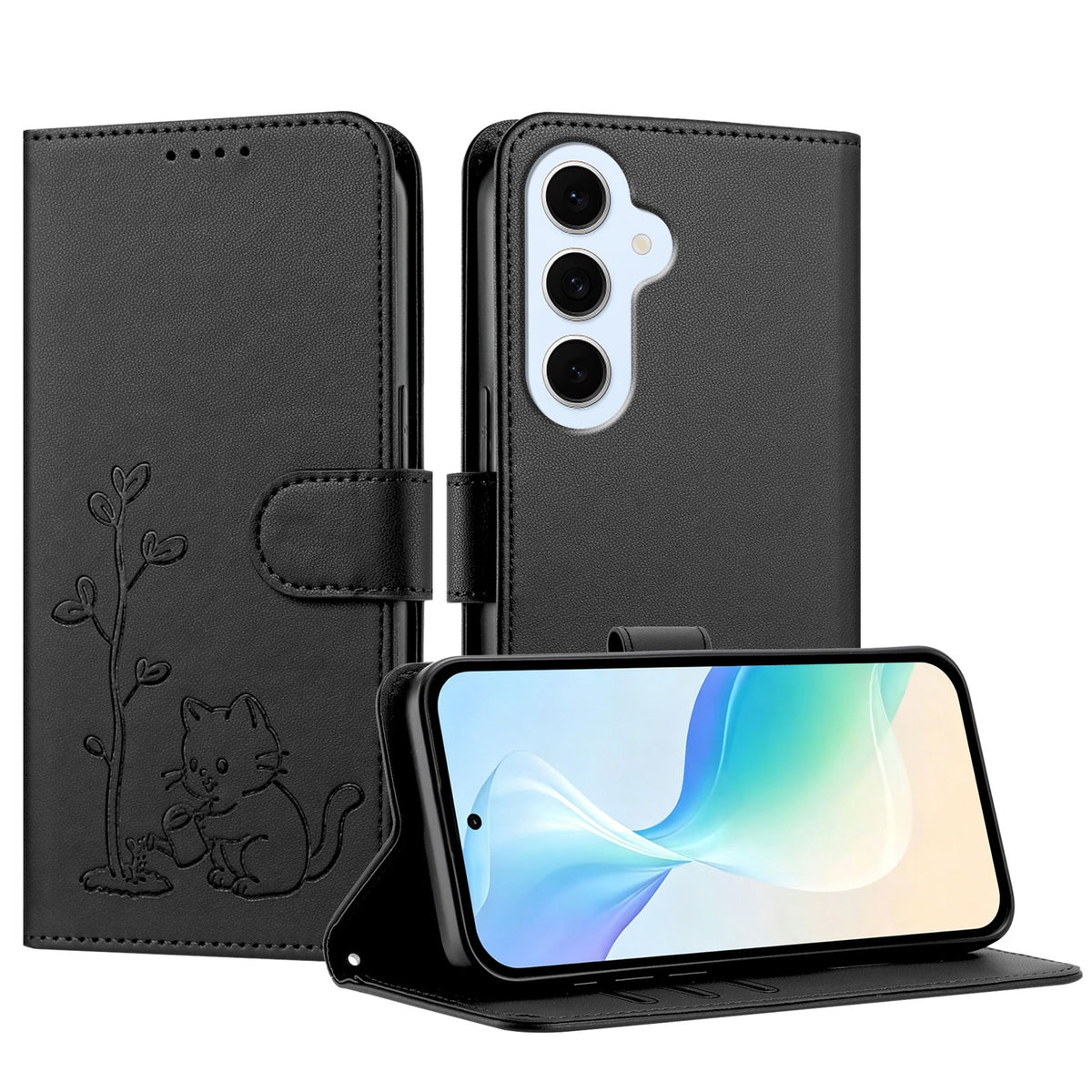 Samsung Galaxy S25 FE / Galaxy S26 FE-cover med kat, der vander planter, mønster, PU-læder, tegnebogsetui