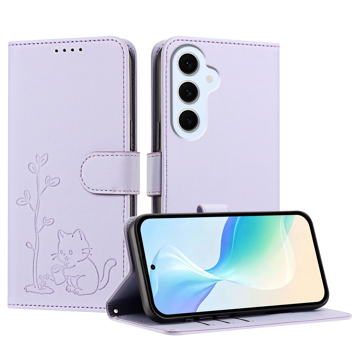 Samsung Galaxy S25 FE / Galaxy S26 FE-cover med kat, der vander planter, mønster, PU-læder, tegnebogsetui