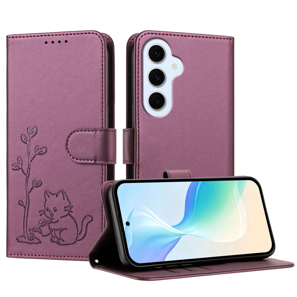 Samsung Galaxy S25 FE / Galaxy S26 FE-cover med kat, der vander planter, mønster, PU-læder, tegnebogsetui