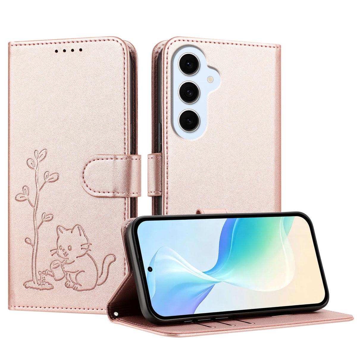 Samsung Galaxy S25 FE / Galaxy S26 FE-cover med kat, der vander planter, mønster, PU-læder, tegnebogsetui