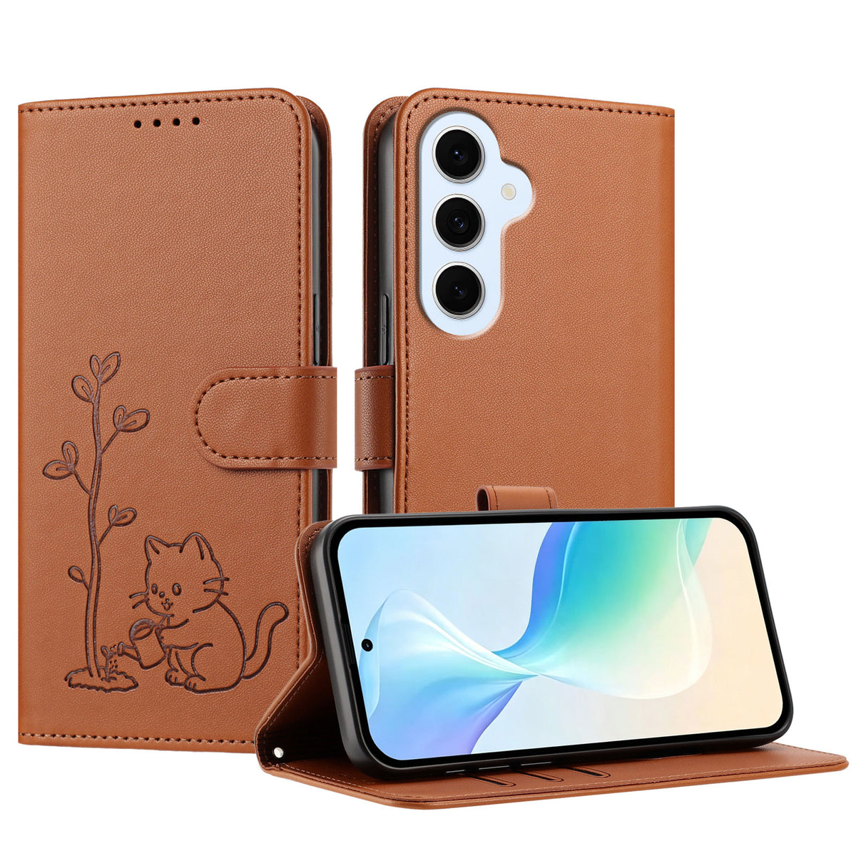 Samsung Galaxy S25 FE / Galaxy S26 FE-cover med kat, der vander planter, mønster, PU-læder, tegnebogsetui