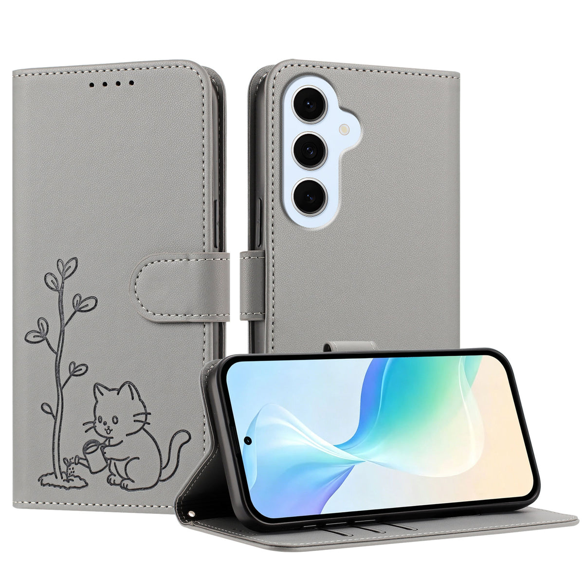 Samsung Galaxy S25 FE / Galaxy S26 FE-cover med kat, der vander planter, mønster, PU-læder, tegnebogsetui