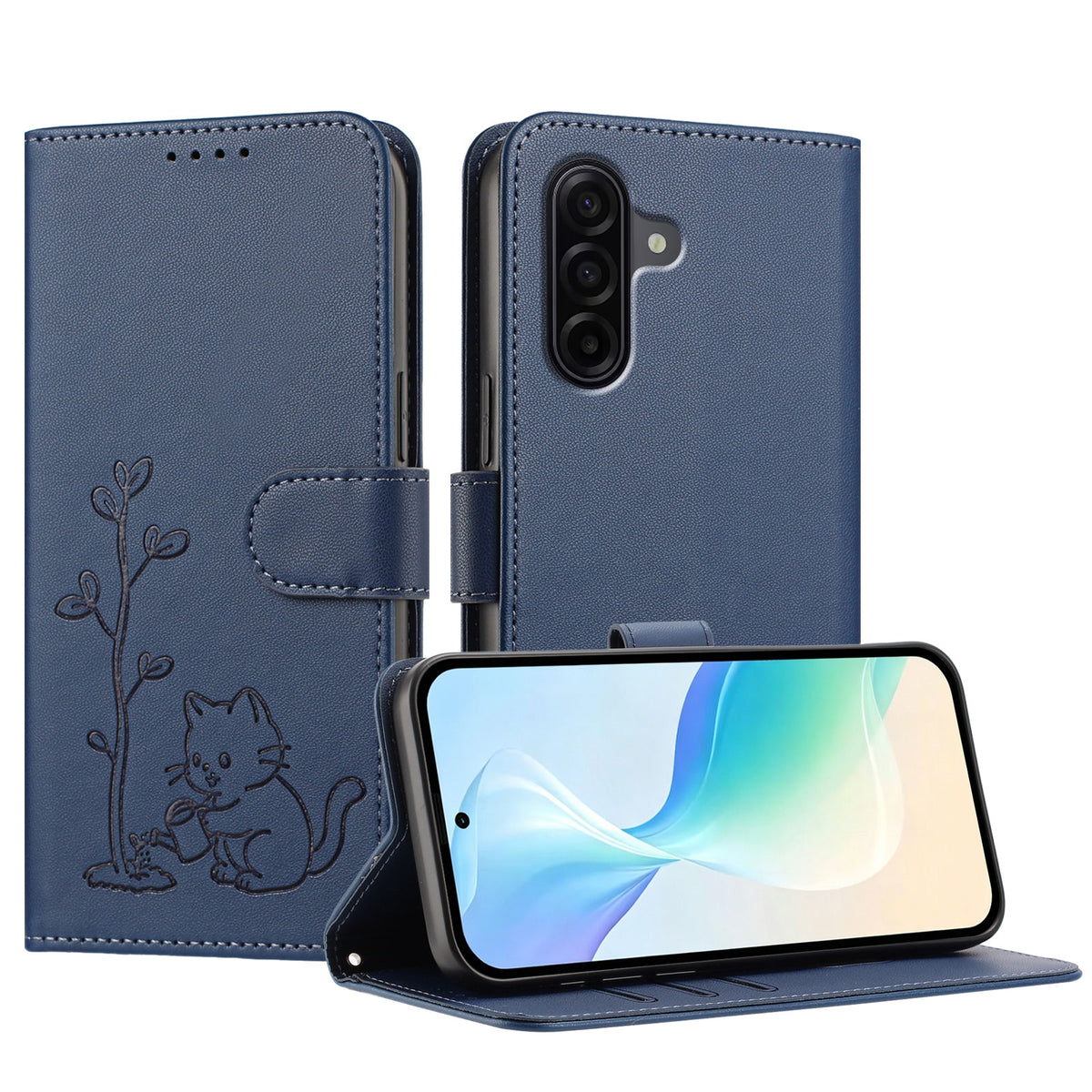 Samsung Galaxy A57 5G-skal Katt, vattnande växtmönster, PU-läder, plånboksfodral, stativ