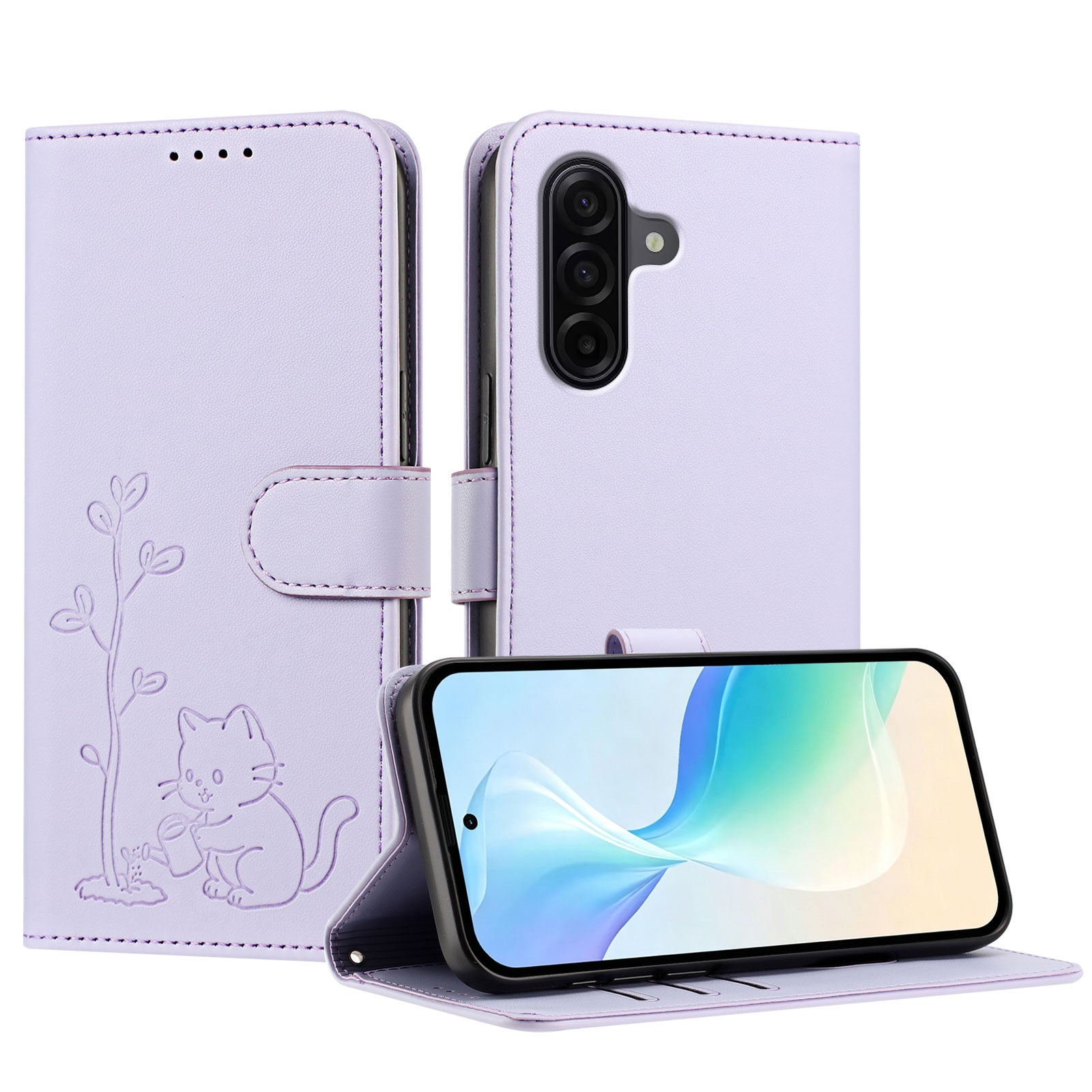 Samsung Galaxy A57 5G-skal Katt, vattnande växtmönster, PU-läder, plånboksfodral, stativ