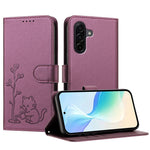 Samsung Galaxy A57 5G-skal Katt, vattnande växtmönster, PU-läder, plånboksfodral, stativ
