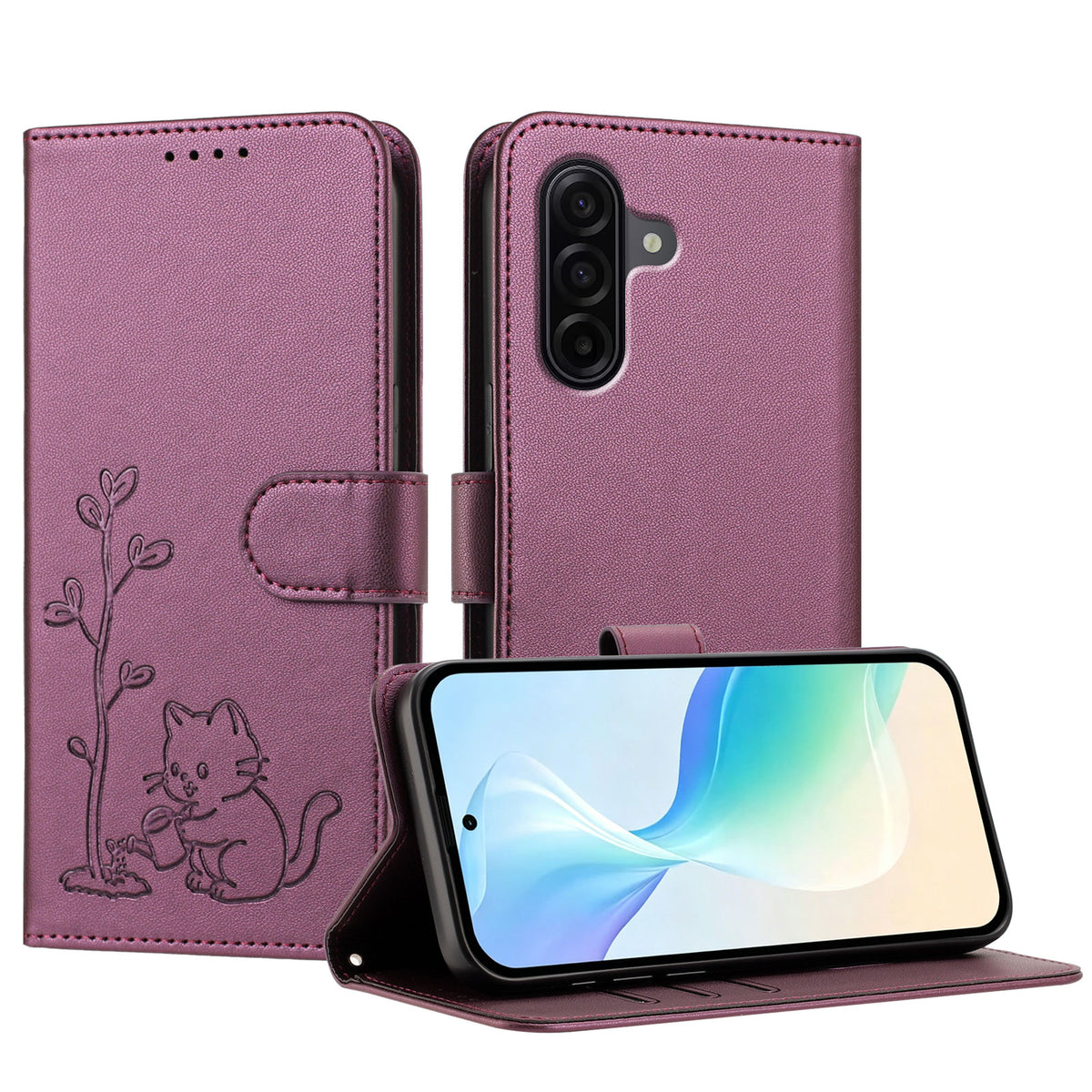 Samsung Galaxy A57 5G-skal Katt, vattnande växtmönster, PU-läder, plånboksfodral, stativ