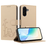 Samsung Galaxy A57 5G-skal Katt, vattnande växtmönster, PU-läder, plånboksfodral, stativ