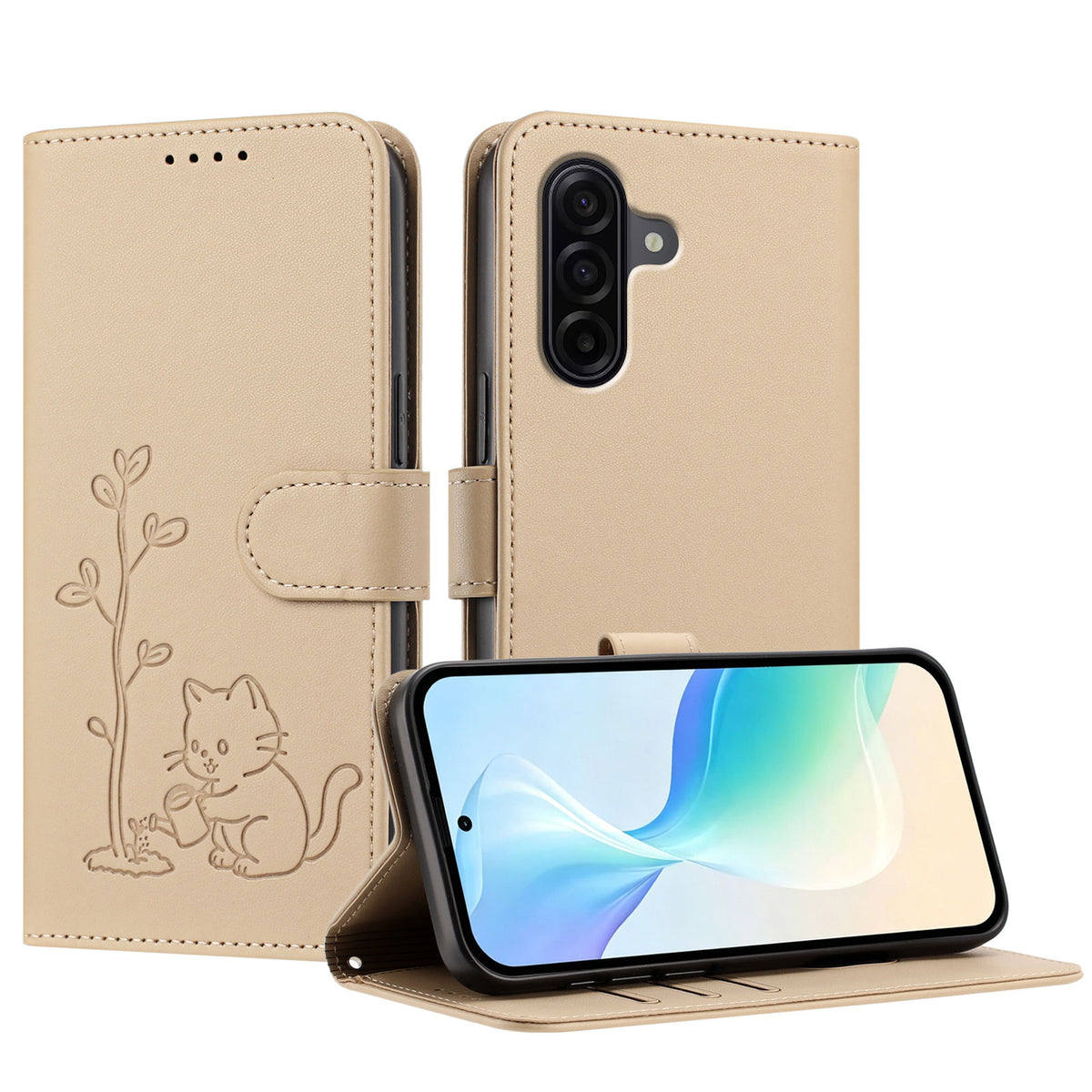 Samsung Galaxy A57 5G-skal Katt, vattnande växtmönster, PU-läder, plånboksfodral, stativ