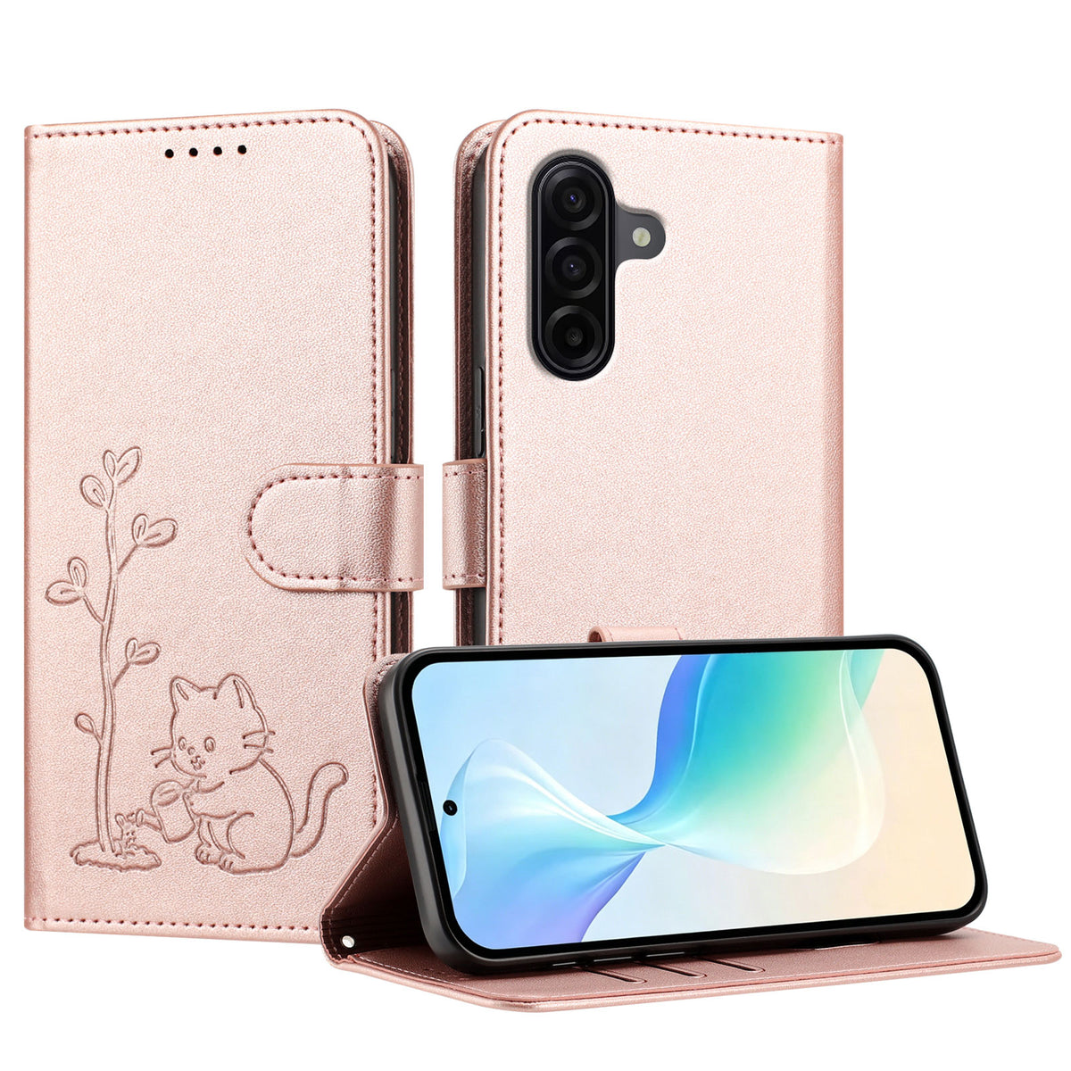 Samsung Galaxy A57 5G-skal Katt, vattnande växtmönster, PU-läder, plånboksfodral, stativ