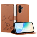 Samsung Galaxy A57 5G-skal Katt, vattnande växtmönster, PU-läder, plånboksfodral, stativ
