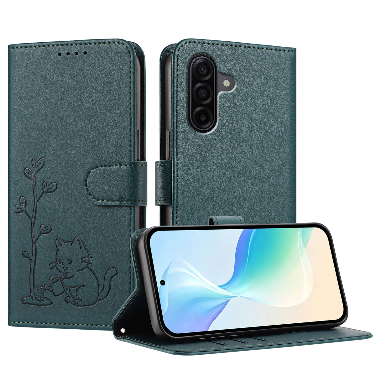 Samsung Galaxy A57 5G-skal Katt, vattnande växtmönster, PU-läder, plånboksfodral, stativ