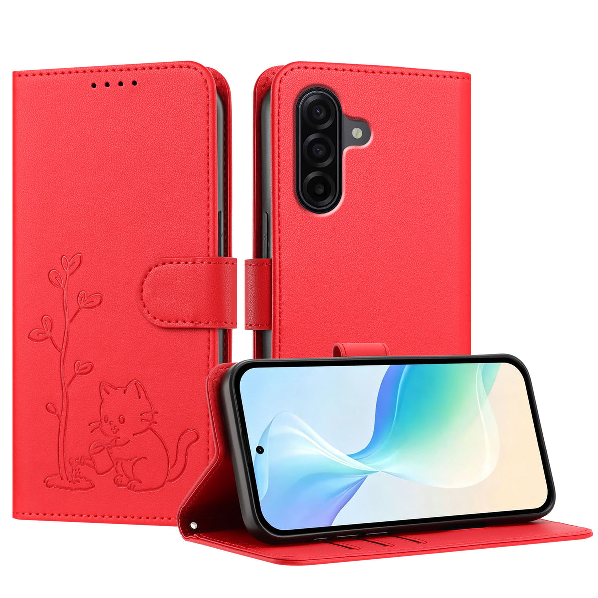 Samsung Galaxy A57 5G-skal Katt, vattnande växtmönster, PU-läder, plånboksfodral, stativ