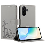 Samsung Galaxy A57 5G-skal Katt, vattnande växtmönster, PU-läder, plånboksfodral, stativ
