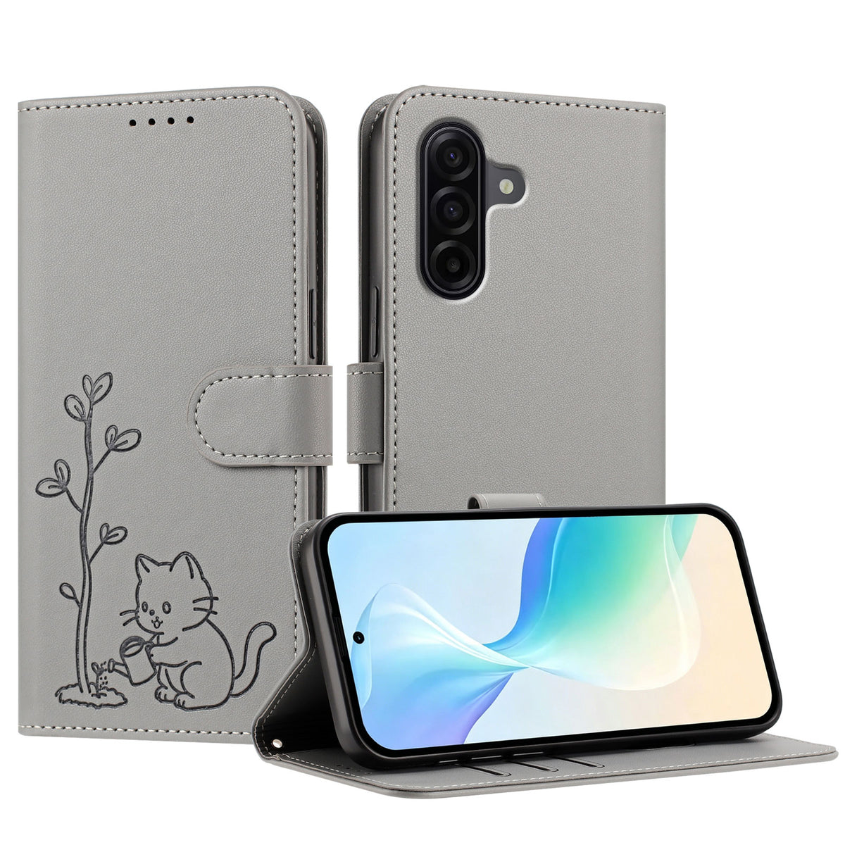Samsung Galaxy A57 5G-skal Katt, vattnande växtmönster, PU-läder, plånboksfodral, stativ