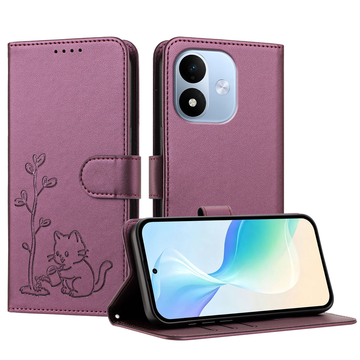 Xiaomi Redmi Note 17 Pro 5G-skal Katt, vattnande växtmönster, PU-läder, plånboksfodral, mobilskal