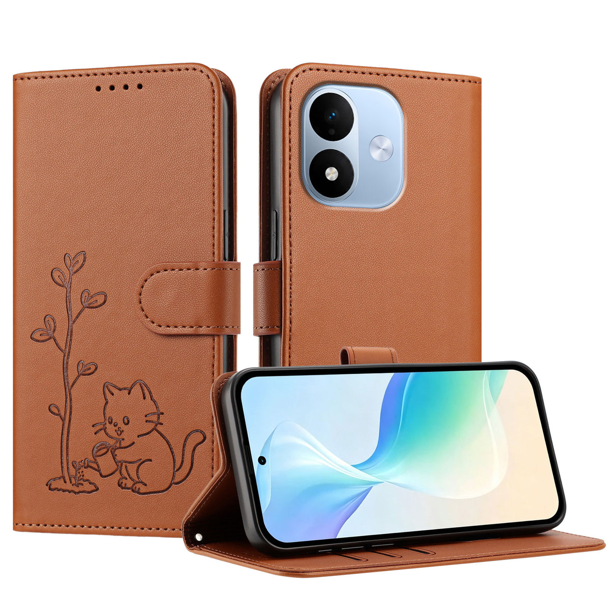Xiaomi Redmi Note 17 Pro 5G-skal Katt, vattnande växtmönster, PU-läder, plånboksfodral, mobilskal