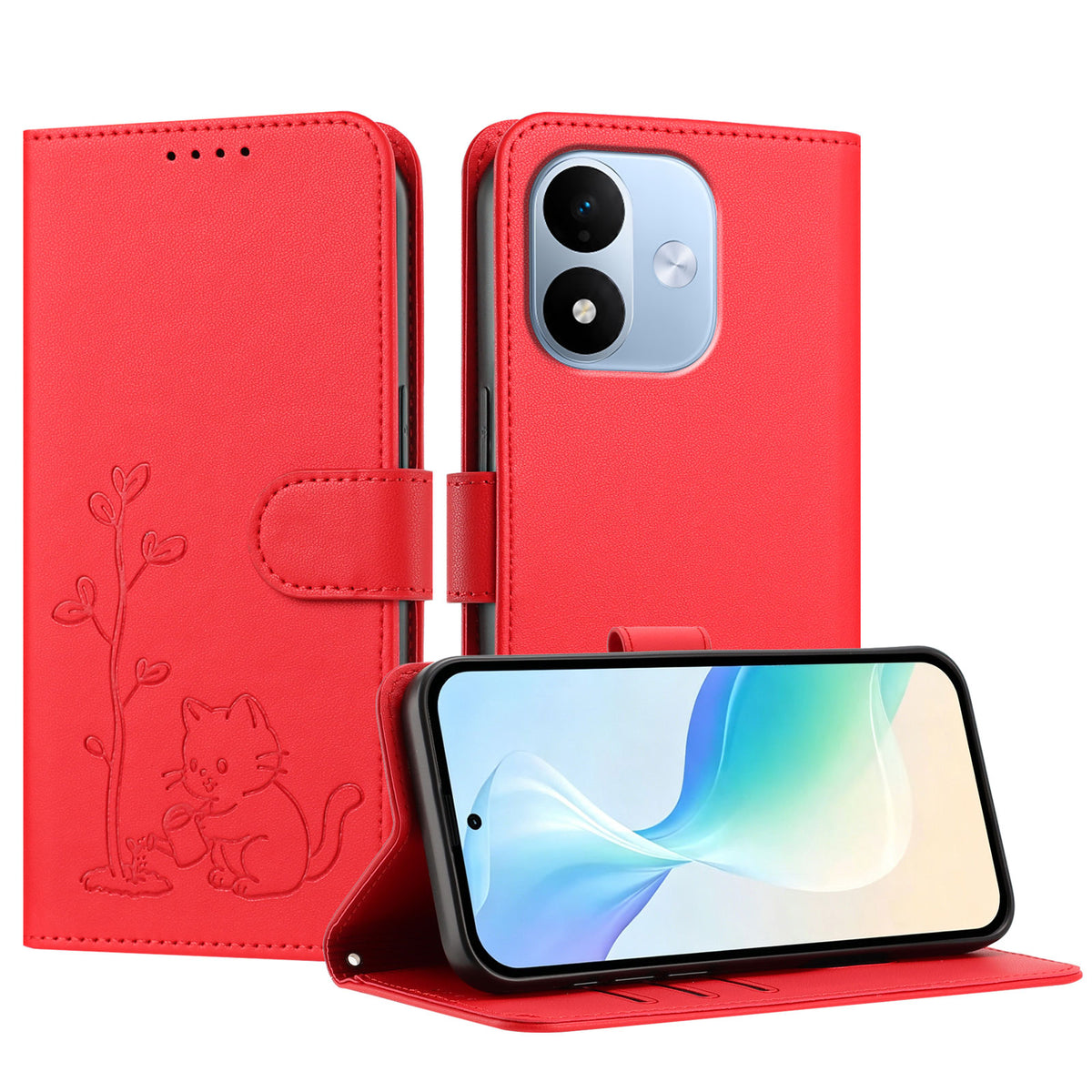 Xiaomi Redmi Note 17 Pro 5G-skal Katt, vattnande växtmönster, PU-läder, plånboksfodral, mobilskal