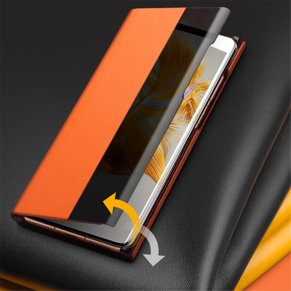 QIALINO Ultra-Thin Phone Case for Huawei Mate 50 4G Genuine Cowhide Leather Cover Anti-Drop Shockproof Case with Smart View Window