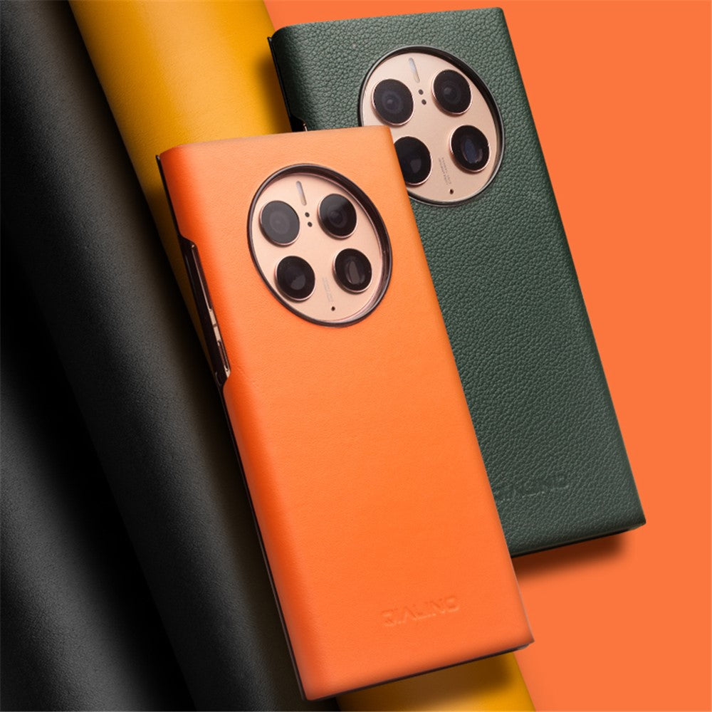 QIALINO Ultra-Thin Phone Case for Huawei Mate 50 4G Genuine Cowhide Leather Cover Anti-Drop Shockproof Case with Smart View Window