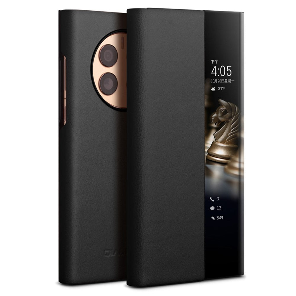 QIALINO Ultra-Thin Phone Case for Huawei Mate 50 4G Genuine Cowhide Leather Cover Anti-Drop Shockproof Case with Smart View Window