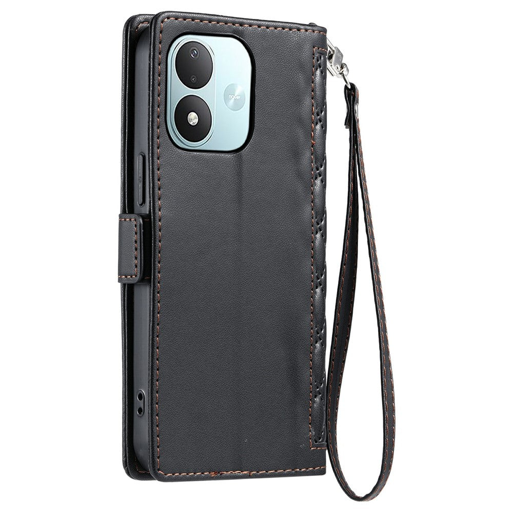 Läderfodral för Xiaomi Redmi Note 17 5G (Global) / 17 4G (Global) / 17 (Indien/Kina) 5G, rombstruktur, plånboksfodral med handledsrem