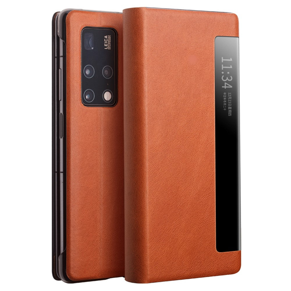QIALINO Shockproof Cover for Huawei Mate X2 5G Genuine Cowhide Leather Phone Case Anti-Fall Phone Case with View Window