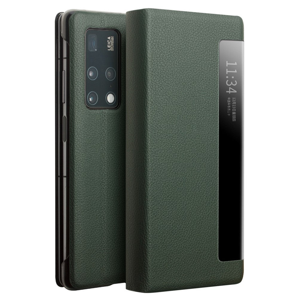 QIALINO Shockproof Cover for Huawei Mate X2 5G Genuine Cowhide Leather Phone Case Anti-Fall Phone Case with View Window