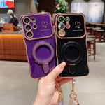 For Samsung Galaxy S25 Ultra Case Kickstand Electroplating Wave Frame Love Printing TPU Back Cover with Hand Strap