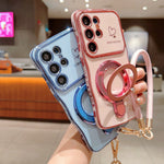 For Samsung Galaxy S25 Ultra Case Kickstand Electroplating Wave Frame Love Printing TPU Back Cover with Hand Strap