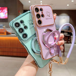 For Samsung Galaxy S25 Ultra Case Kickstand Electroplating Wave Frame Love Printing TPU Back Cover with Hand Strap