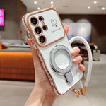 For Samsung Galaxy S25 Ultra Case Kickstand Electroplating Wave Frame Love Printing TPU Back Cover with Hand Strap