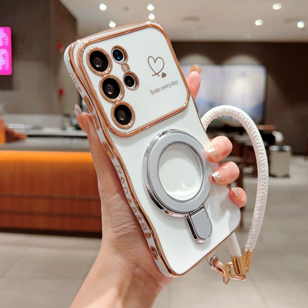 For Samsung Galaxy S25 Ultra Case Kickstand Electroplating Wave Frame Love Printing TPU Back Cover with Hand Strap