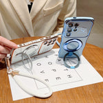 For Samsung Galaxy S25 Ultra Case Kickstand Electroplating Wave Frame Love Printing TPU Back Cover with Hand Strap