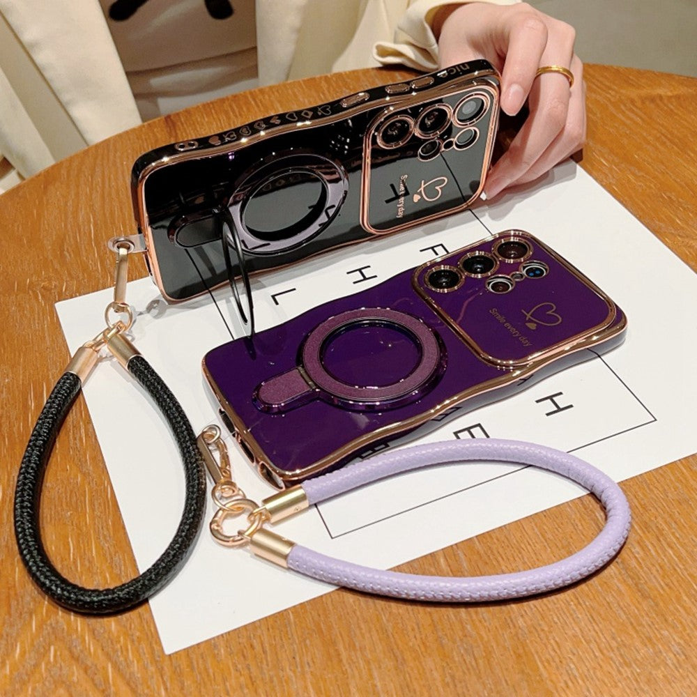 For Samsung Galaxy S25 Ultra Case Kickstand Electroplating Wave Frame Love Printing TPU Back Cover with Hand Strap