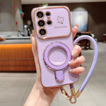 For Samsung Galaxy S25 Ultra Case Kickstand Electroplating Wave Frame Love Printing TPU Back Cover with Hand Strap
