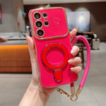 For Samsung Galaxy S25 Ultra Case Kickstand Electroplating Wave Frame Love Printing TPU Back Cover with Hand Strap