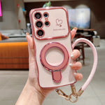 For Samsung Galaxy S25 Ultra Case Kickstand Electroplating Wave Frame Love Printing TPU Back Cover with Hand Strap