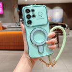 For Samsung Galaxy S25 Ultra Case Kickstand Electroplating Wave Frame Love Printing TPU Back Cover with Hand Strap
