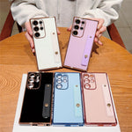 For Samsung Galaxy S24 Ultra TPU Case Wristband Kickstand Electroplated Frame Shockproof Phone Cover