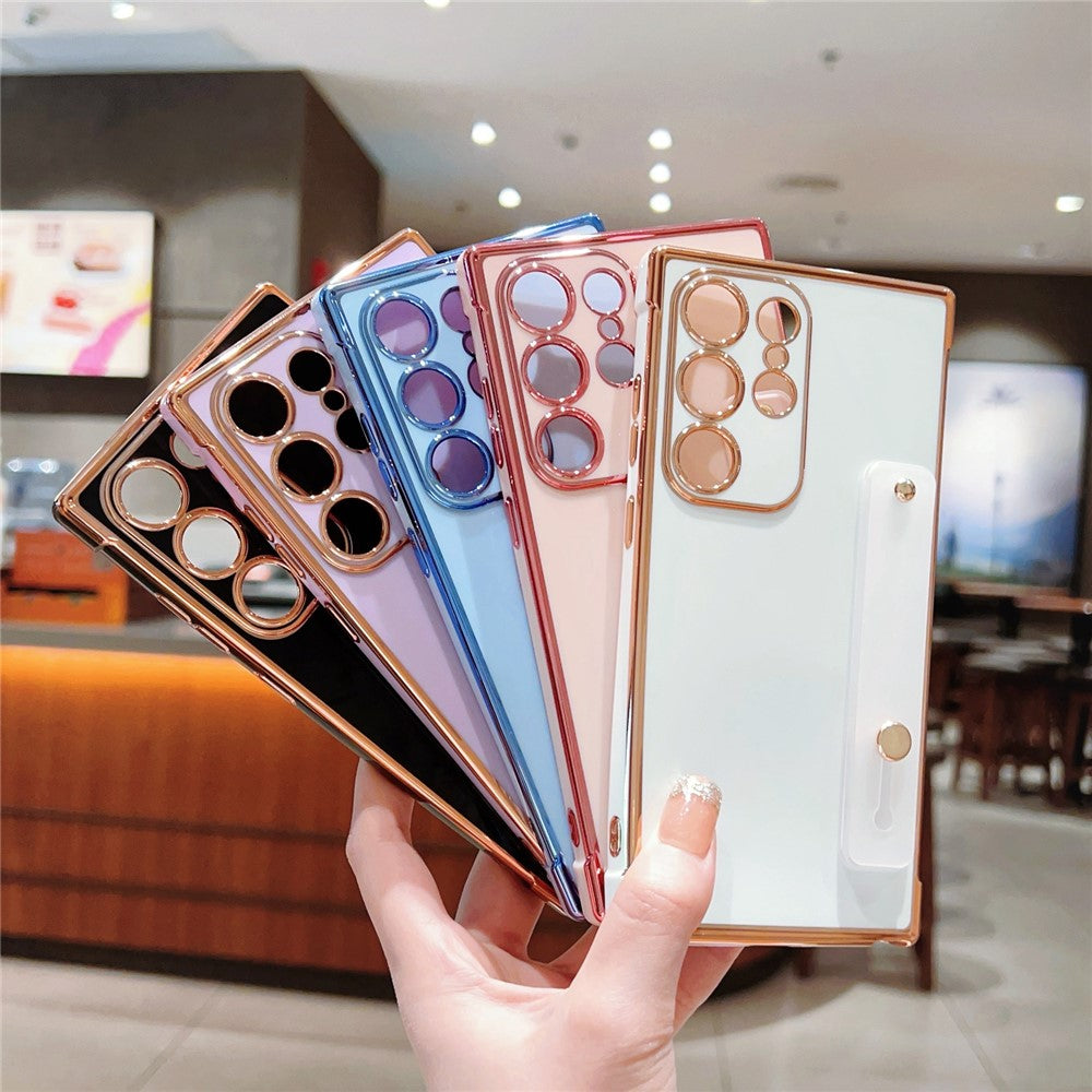 For Samsung Galaxy S24 Ultra TPU Case Wristband Kickstand Electroplated Frame Shockproof Phone Cover