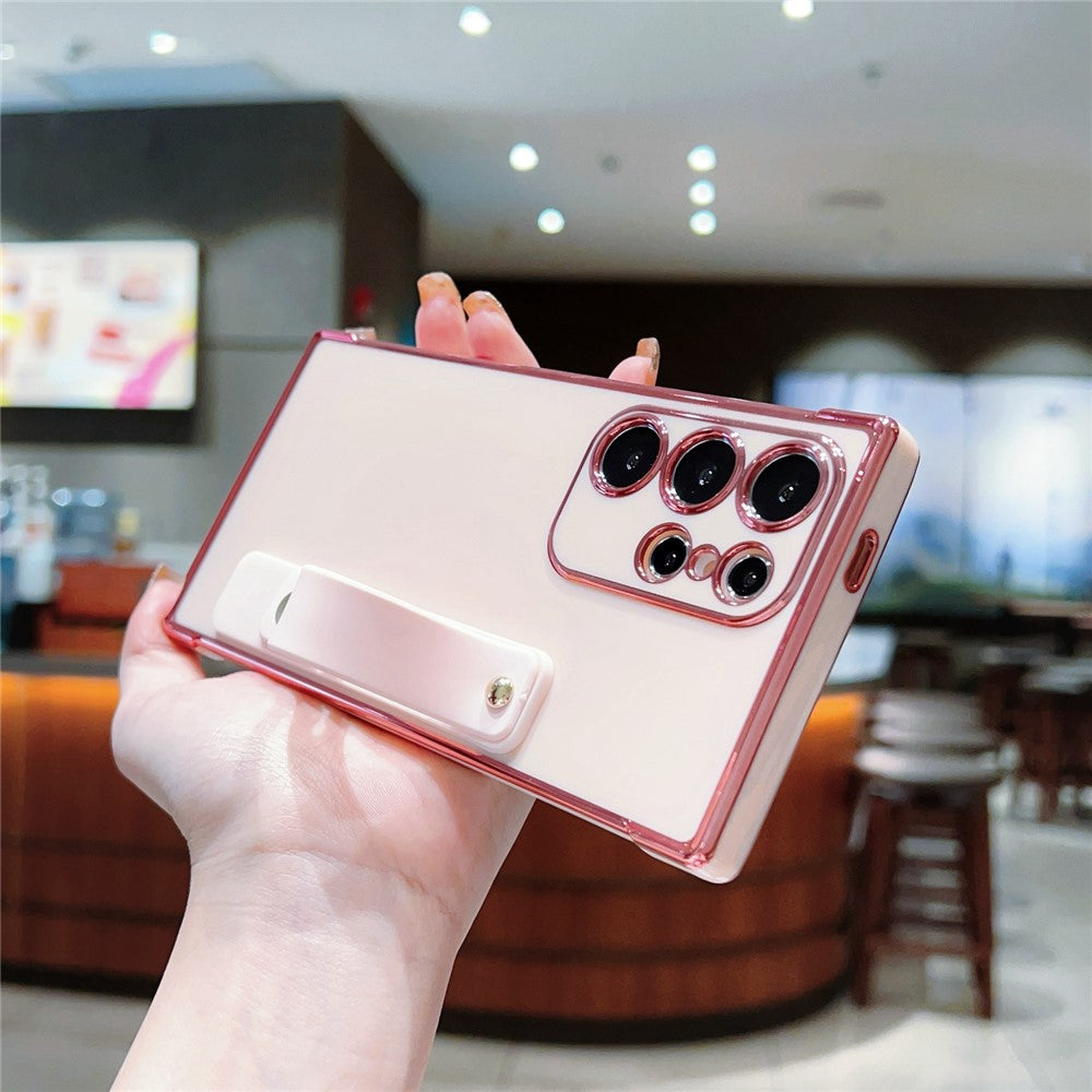 For Samsung Galaxy S24 Ultra TPU Case Wristband Kickstand Electroplated Frame Shockproof Phone Cover