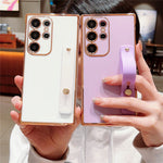 For Samsung Galaxy S24 Ultra TPU Case Wristband Kickstand Electroplated Frame Shockproof Phone Cover